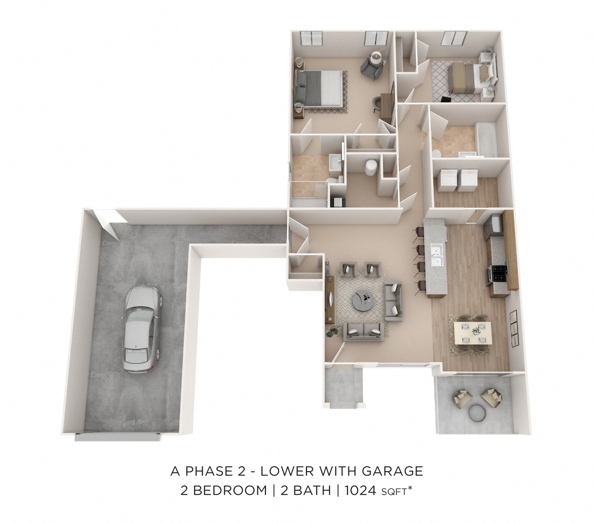 Floor plan for 2 beds, 2 baths, 1024 sqft